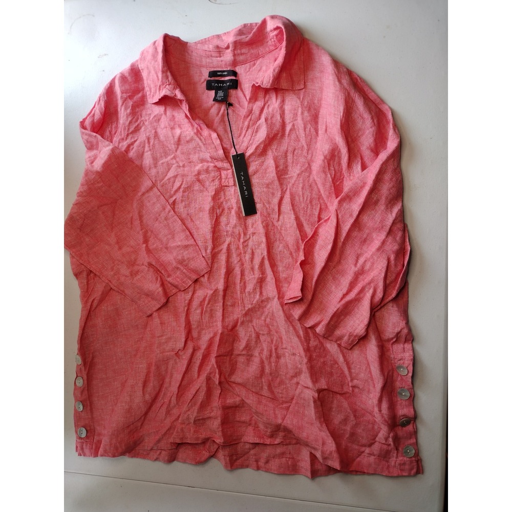 Tahari Linen Tunic Top Coral Pink Womens 2X 3/4 Sleeve Button‎ Side